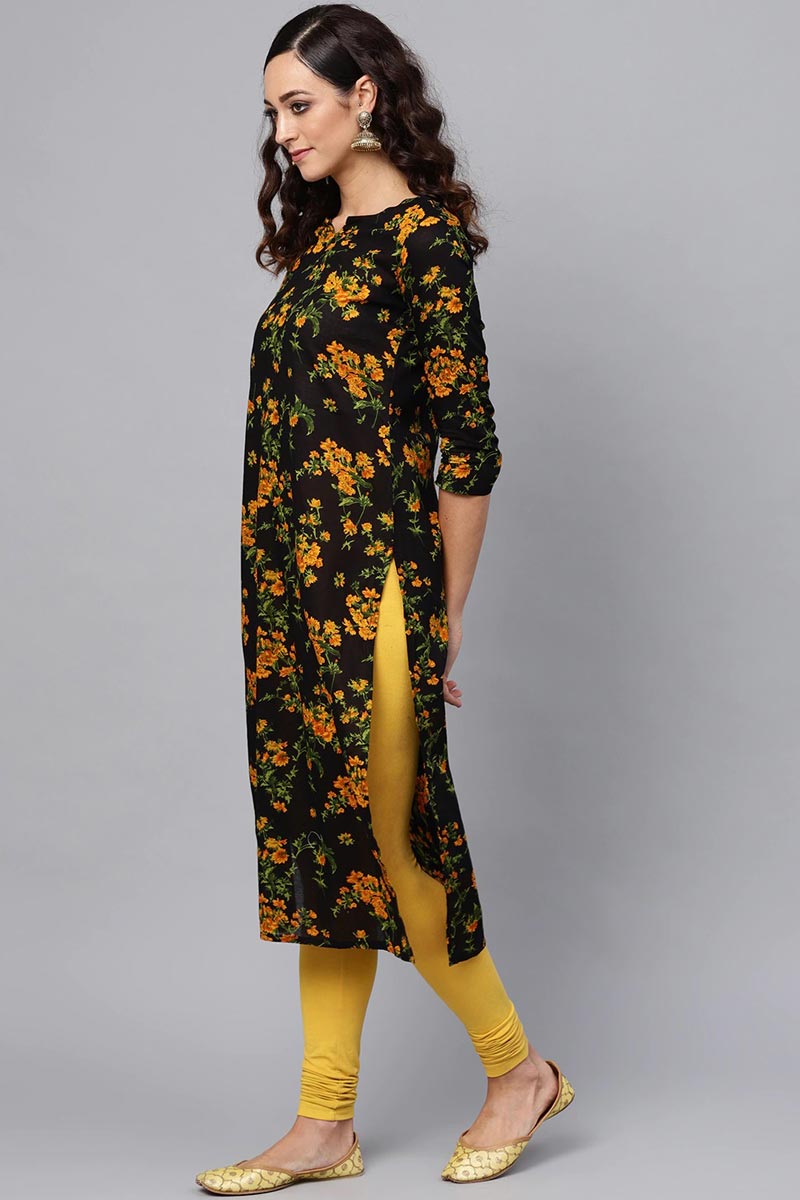 Regular Wear Rayon Blend Fabric Printed Black Color Simple Kurti  | SHOBITAM