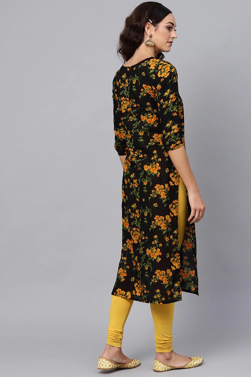 Regular Wear Rayon Blend Fabric Printed Black Color Simple Kurti  | SHOBITAM