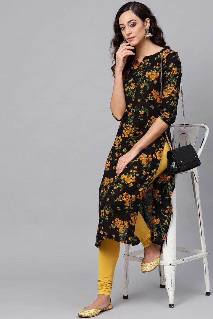 Regular Wear Rayon Blend Fabric Printed Black Color Simple Kurti  | SHOBITAM