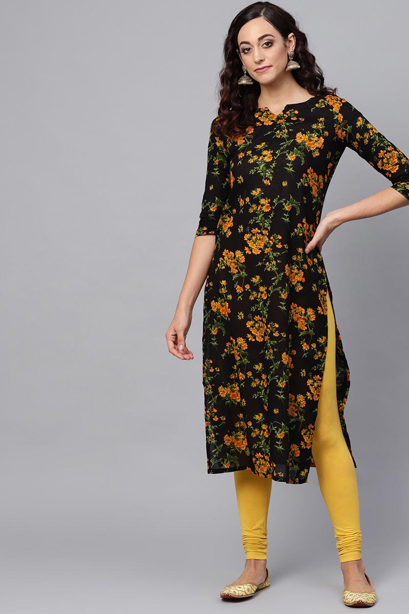Regular Wear Rayon Blend Fabric Printed Black Color Simple Kurti  | SHOBITAM