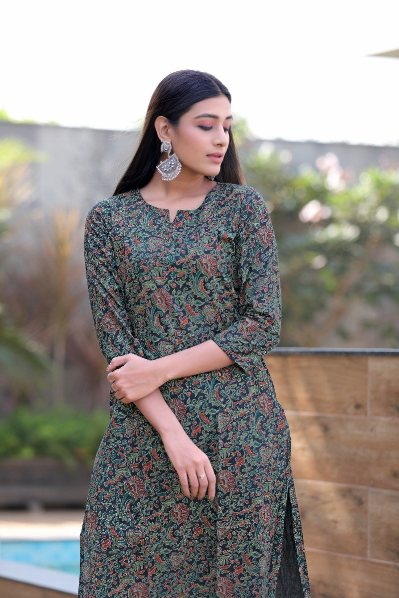 Printed Black Cotton Fabric Kurti | SHOBITAM