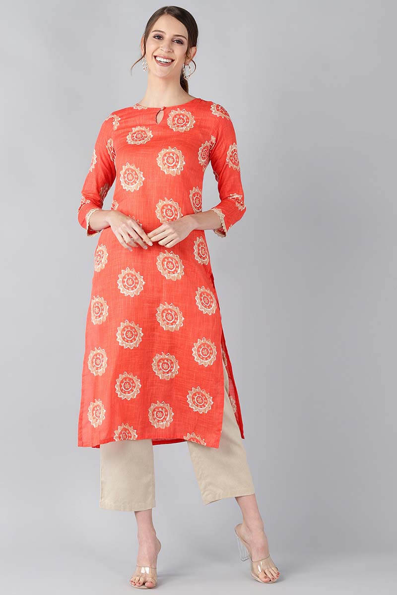 Women Coral Orange & Beige Screen Printed Straight Kurta | SHOBITAM