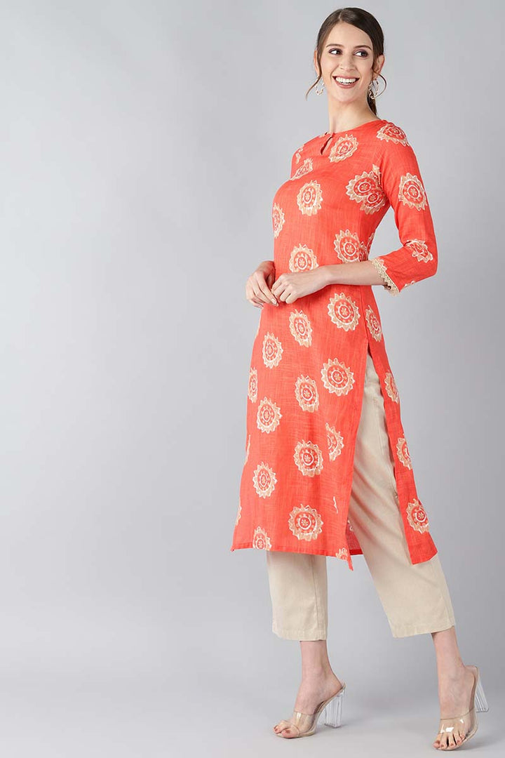 Women Coral Orange & Beige Screen Printed Straight Kurta | SHOBITAM