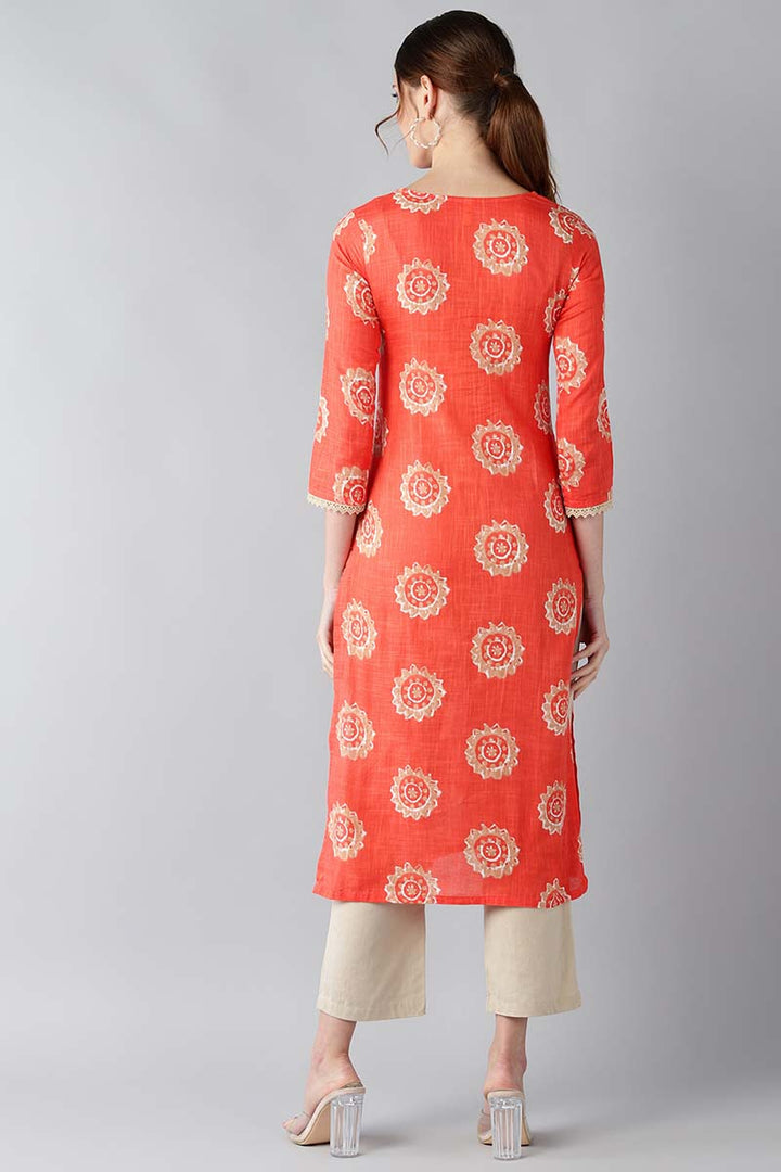 Women Coral Orange & Beige Screen Printed Straight Kurta | SHOBITAM