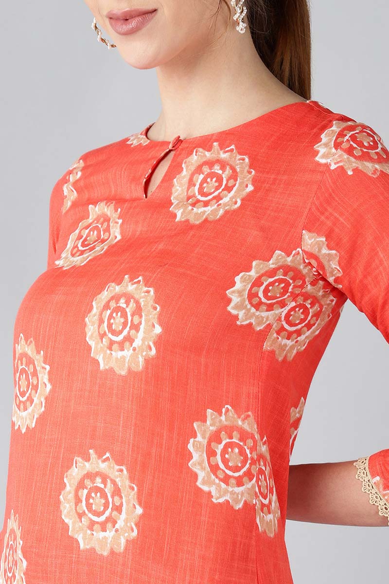 Women Coral Orange & Beige Screen Printed Straight Kurta | SHOBITAM