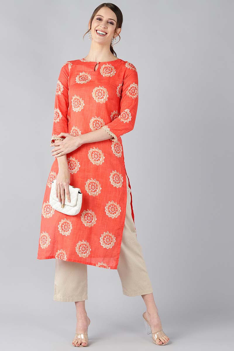 Women Coral Orange & Beige Screen Printed Straight Kurta | SHOBITAM