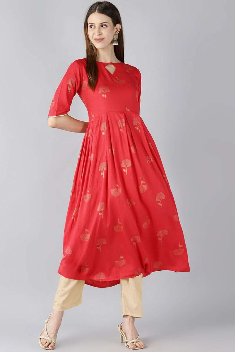 Red Floral Printed Keyhole Neck Kurta  | SHOBITAM
