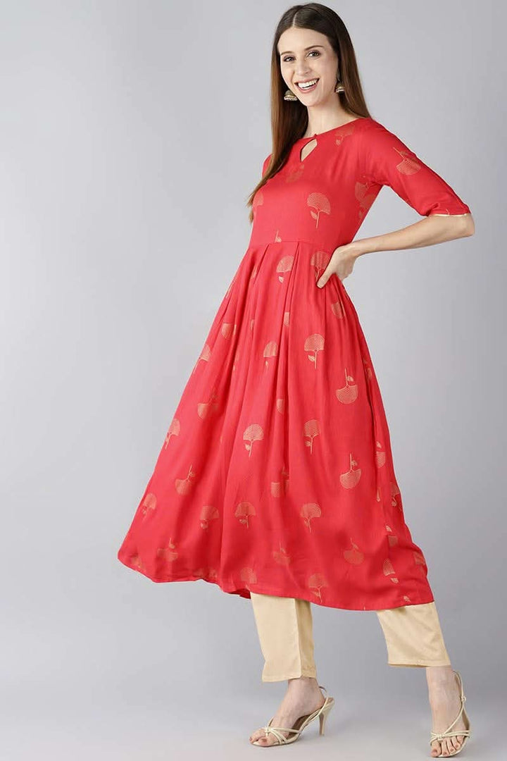 Red Floral Printed Keyhole Neck Kurta  | SHOBITAM