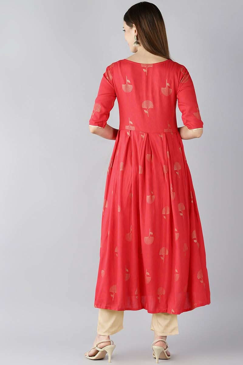 Red Floral Printed Keyhole Neck Kurta  | SHOBITAM
