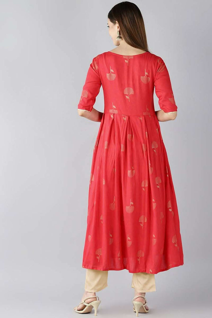 Red Floral Printed Keyhole Neck Kurta  | SHOBITAM