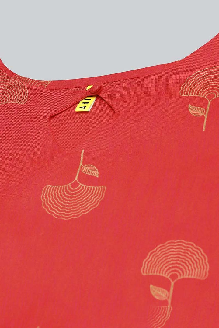 Red Floral Printed Keyhole Neck Kurta  | SHOBITAM