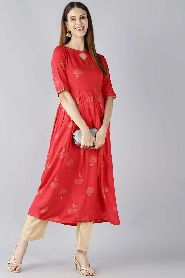 Red Floral Printed Keyhole Neck Kurta  | SHOBITAM