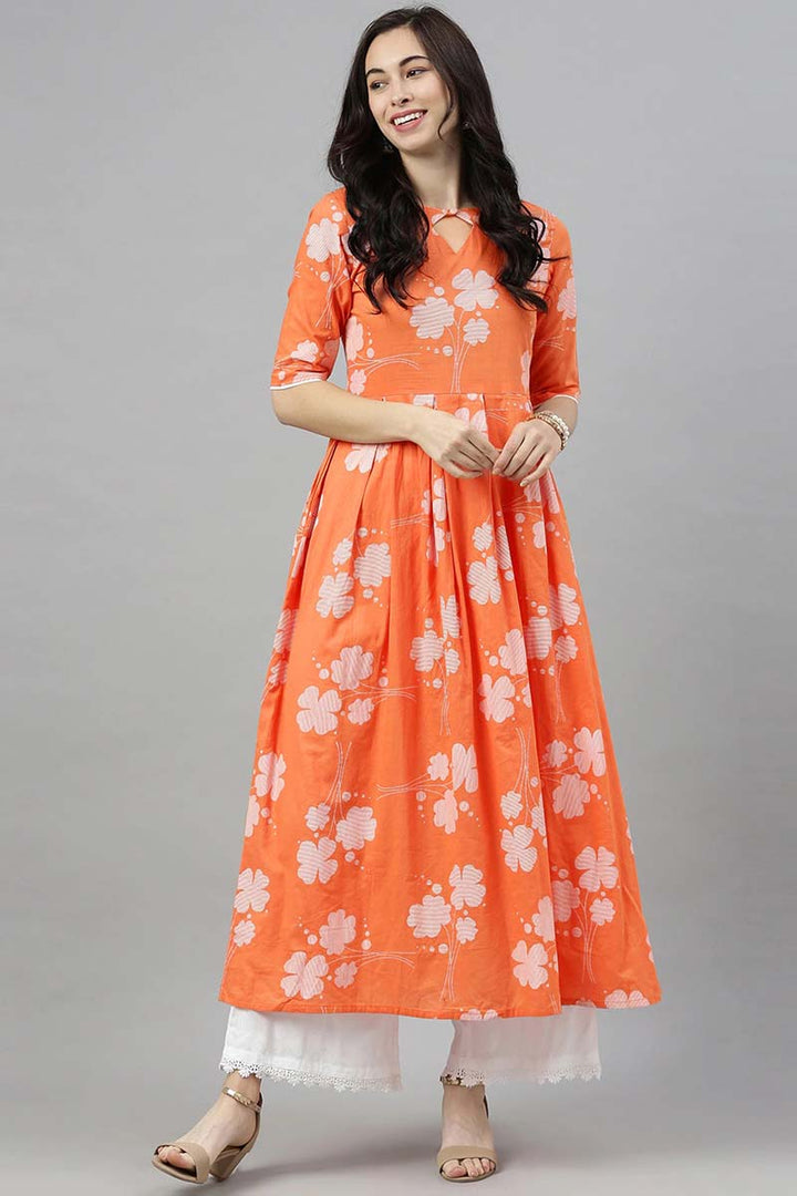 Orange Floral Printed Keyhole Neck Kurta  | SHOBITAM