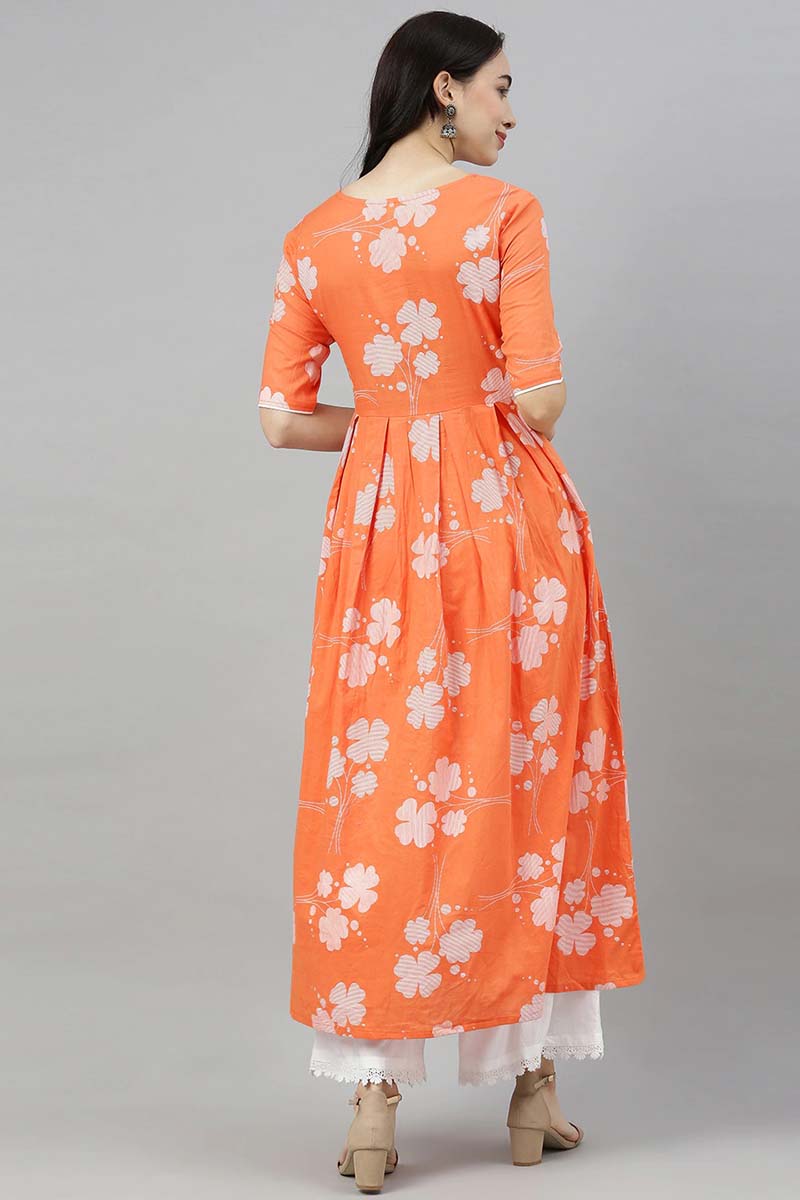 Orange Floral Printed Keyhole Neck Kurta  | SHOBITAM