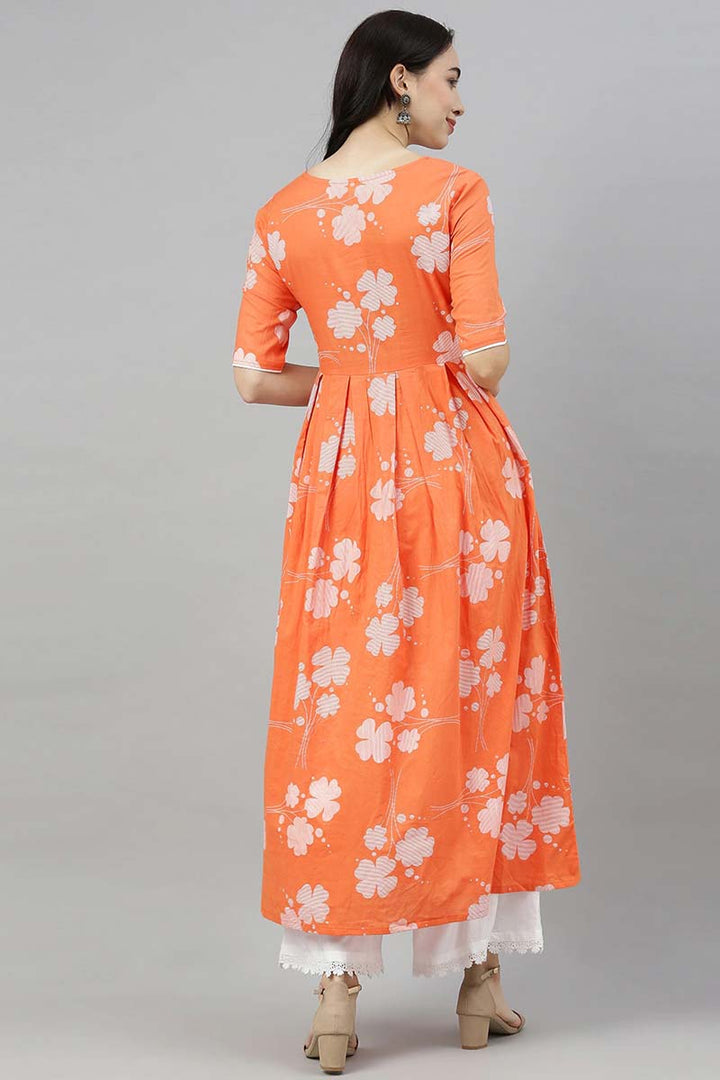Orange Floral Printed Keyhole Neck Kurta  | SHOBITAM