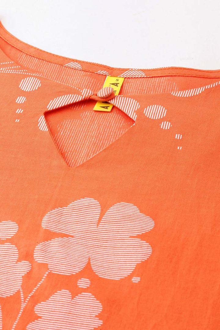 Orange Floral Printed Keyhole Neck Kurta  | SHOBITAM