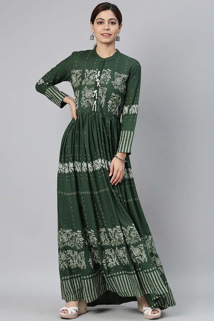 Women Olive Green Floral Printed Kurta | SHOBITAM