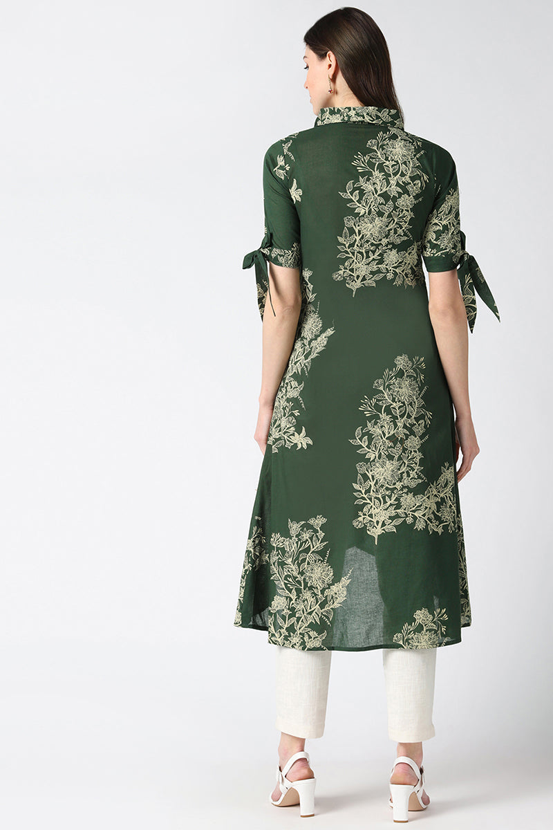 Cotton Green Floral Printed A Line Kurti | SHOBITAM
