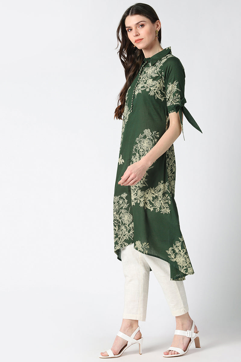 Cotton Green Floral Printed A Line Kurti | SHOBITAM