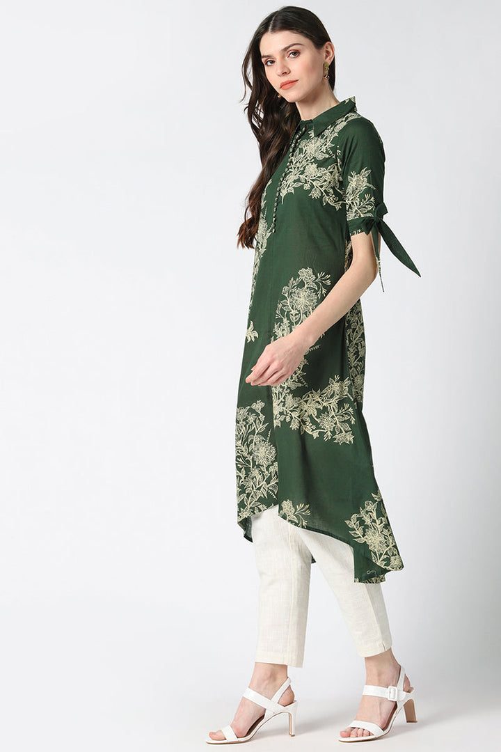 Cotton Green Floral Printed A Line Kurti | SHOBITAM