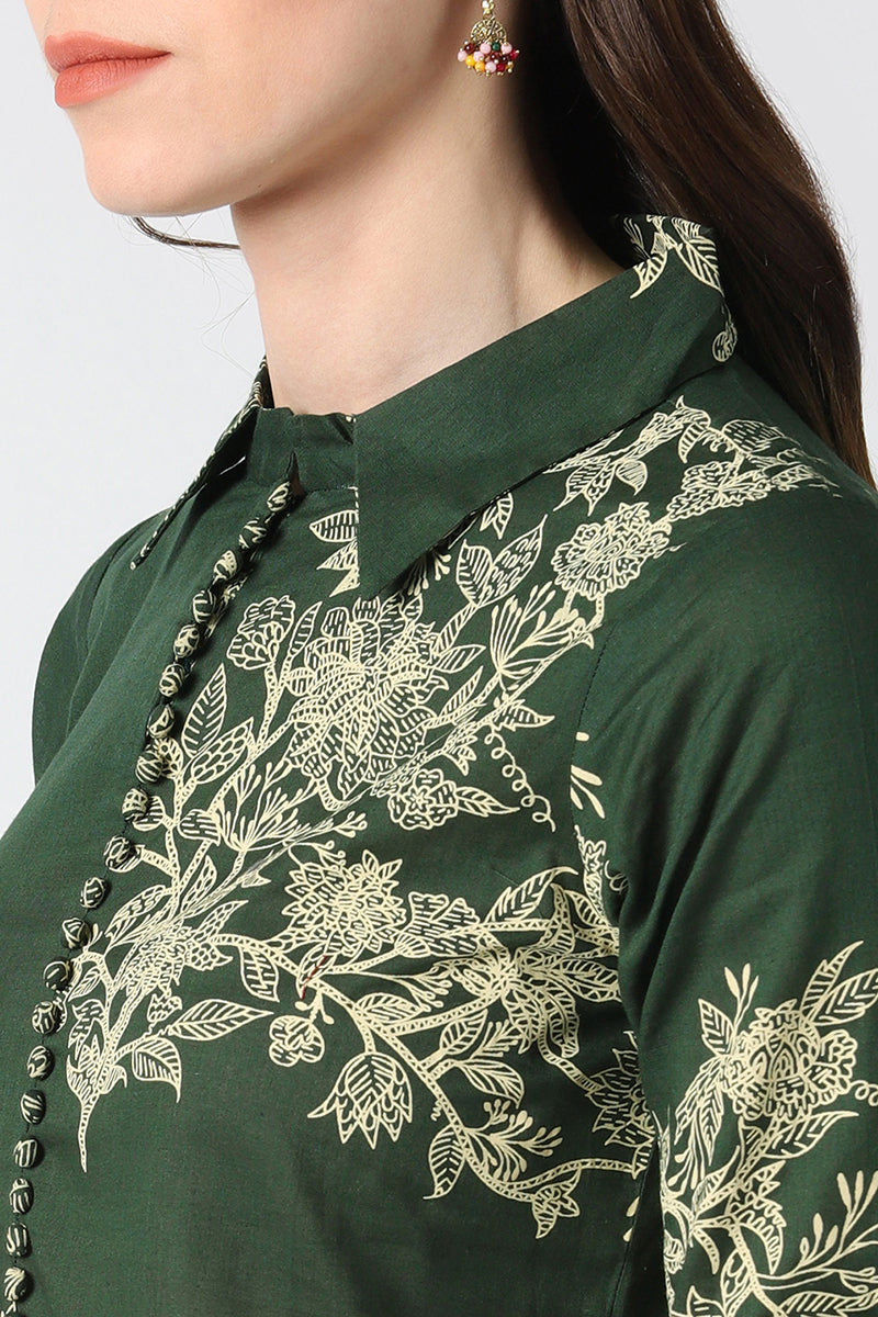 Cotton Green Floral Printed A Line Kurti | SHOBITAM