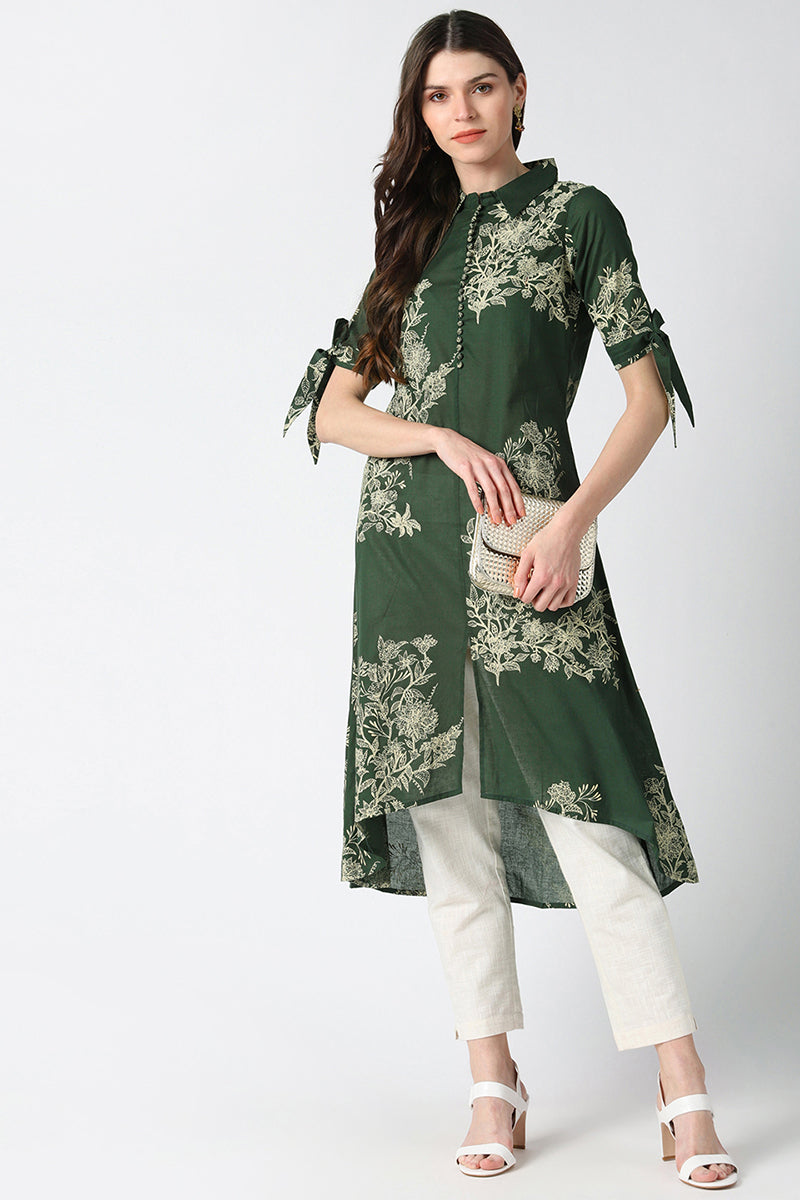 Cotton Green Floral Printed A Line Kurti | SHOBITAM