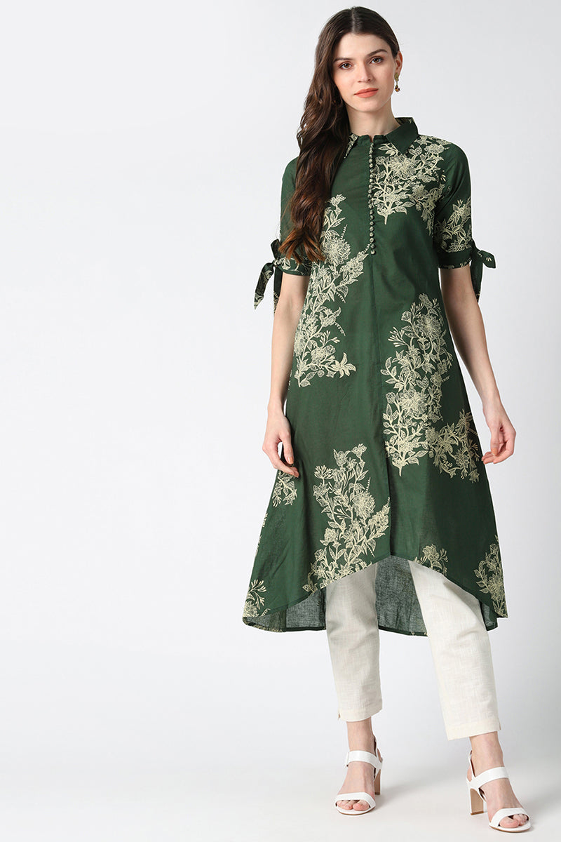 Cotton Green Floral Printed A Line Kurti | SHOBITAM