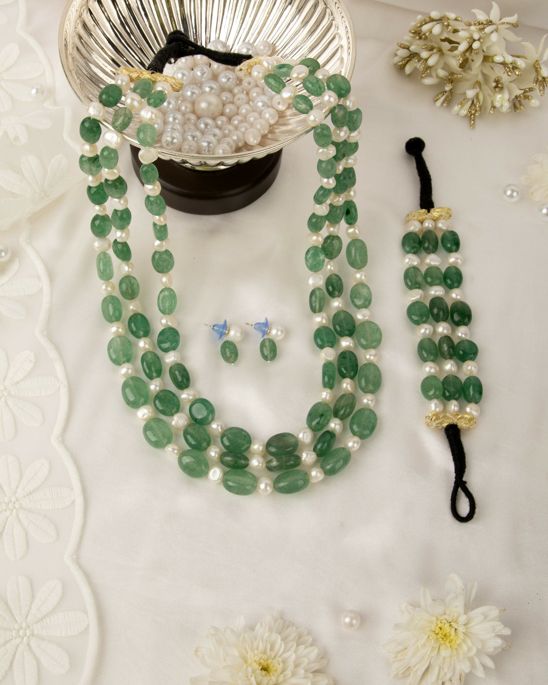 Vasundhara: Green Aventurine Mala with Earrings and Bracelet | SHOBITAM