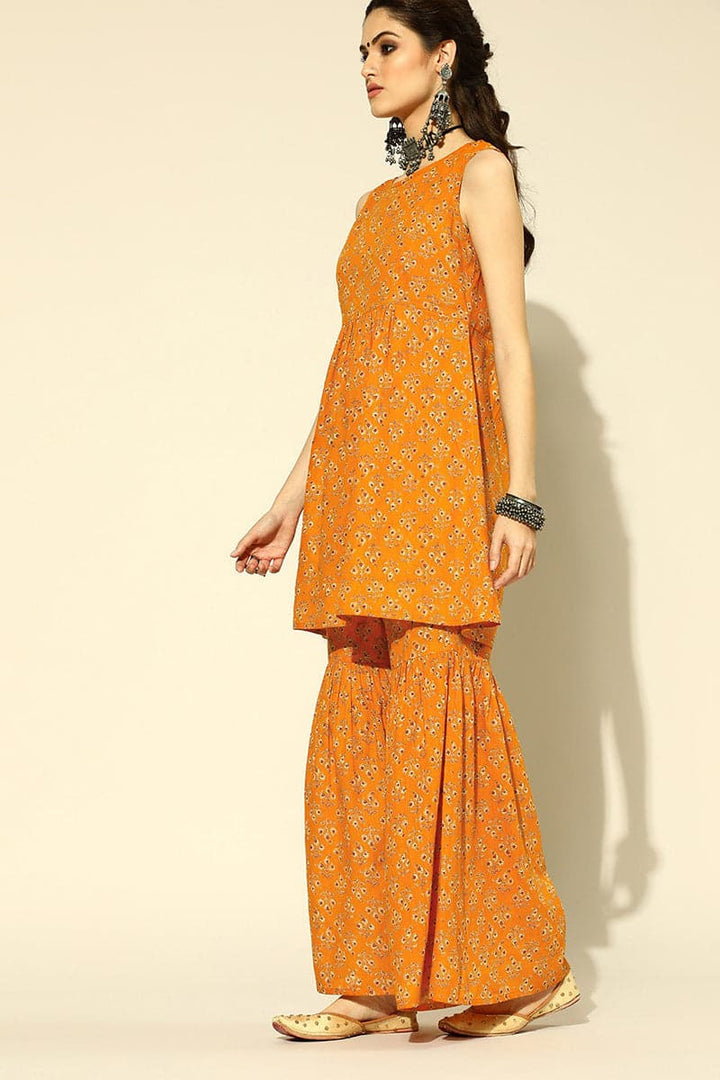 Mustard Pure Cotton Sleeveless Sharara Co-Ord Set | SHOBITAM