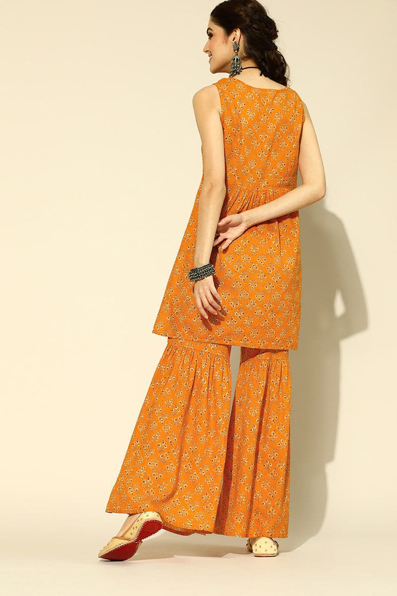 Mustard Pure Cotton Sleeveless Sharara Co-Ord Set | SHOBITAM