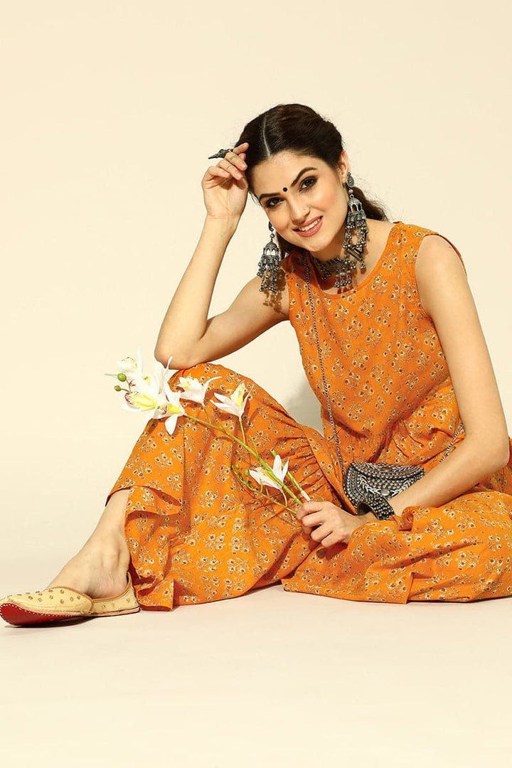 Mustard Pure Cotton Sleeveless Sharara Co-Ord Set | SHOBITAM