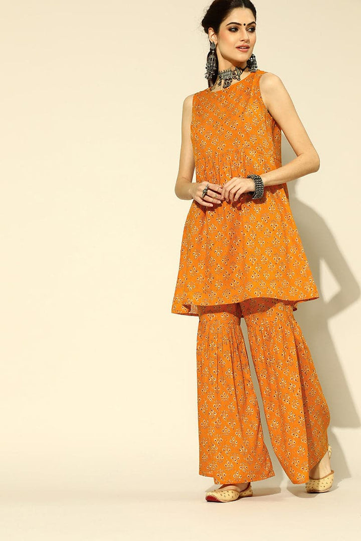 Mustard Pure Cotton Sleeveless Sharara Co-Ord Set | SHOBITAM