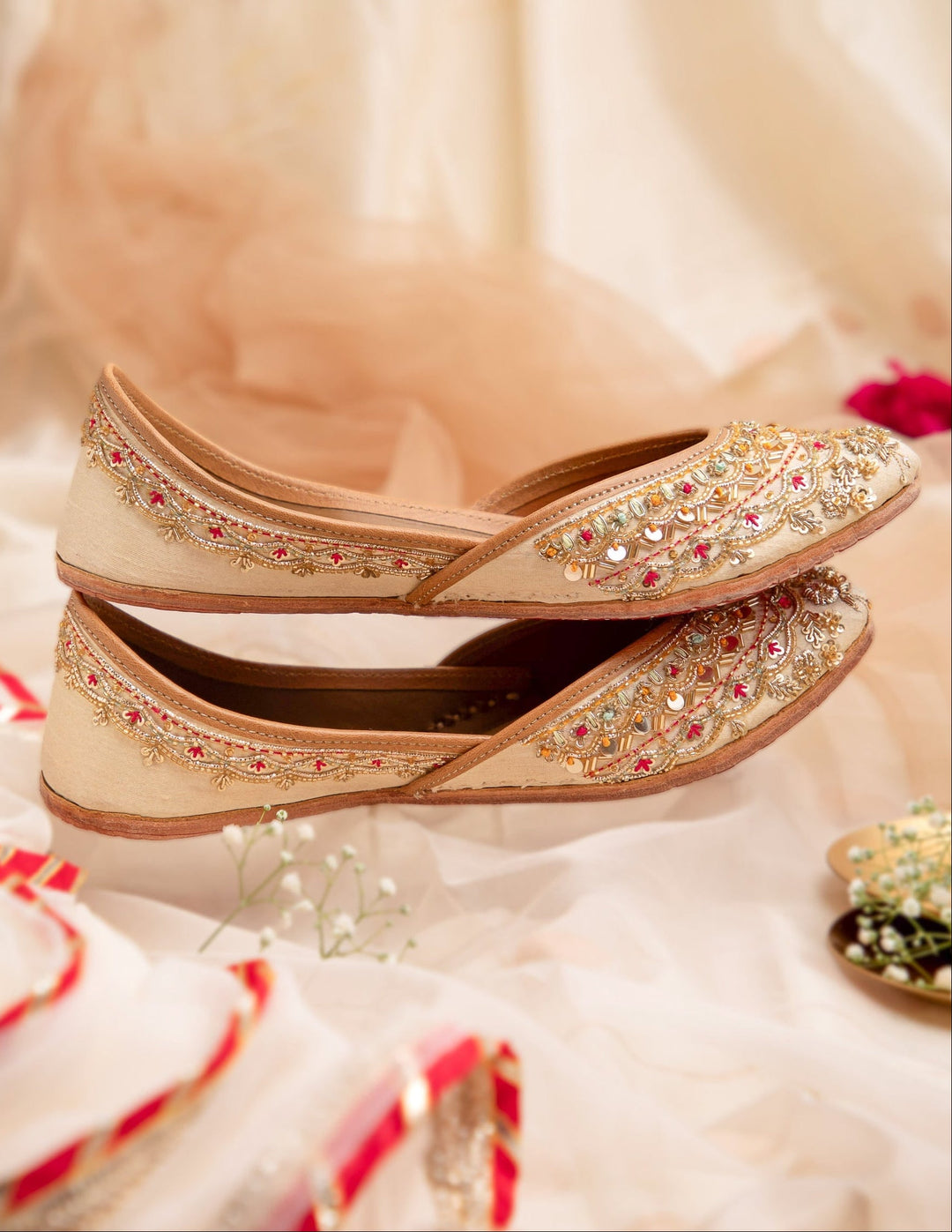 SUNEHRI Golden Silk Threads, Pearls, Bugle Beads Zardozi Juttis