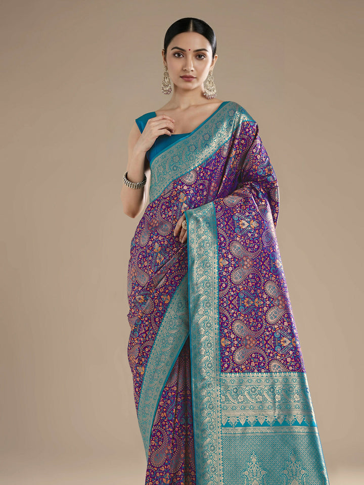Purple Banarasi Semi Silk Saree With Traditional Paisley Weaves | SHOBITAM