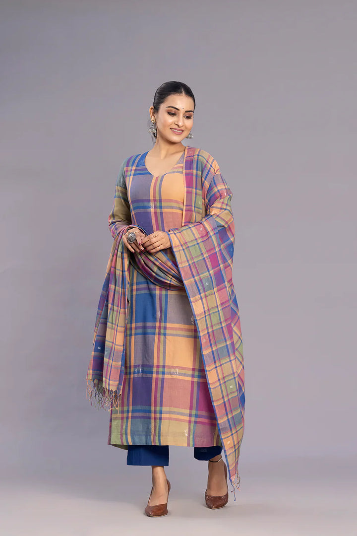 Handloom Multicolour Shalpa Motifs Zari Jamdani Kurta Set with Dupatta | SHOBITAM