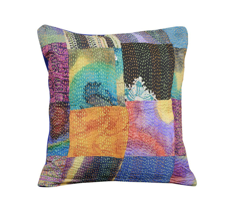 16 x 16 Vintage Silk Patch Kantha Cushion Cover - Indigo Back - Pack of 1 | SHOBITAM