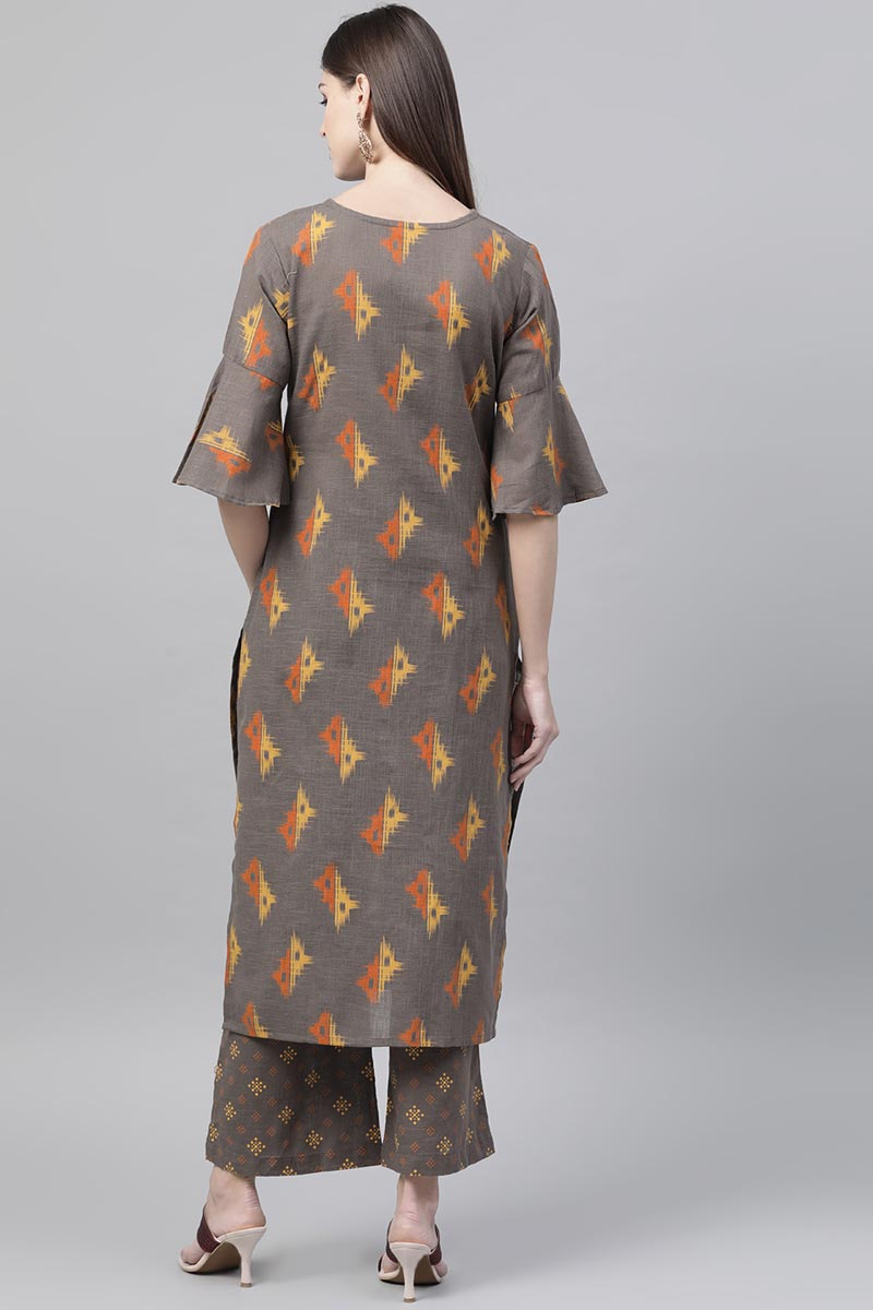 Taupe Cotton Abstract Print Kurta Set | SHOBITAM