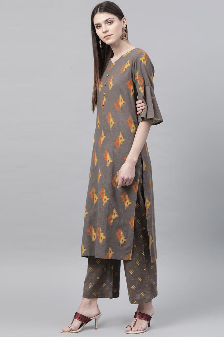 Taupe Cotton Abstract Print Kurta Set | SHOBITAM