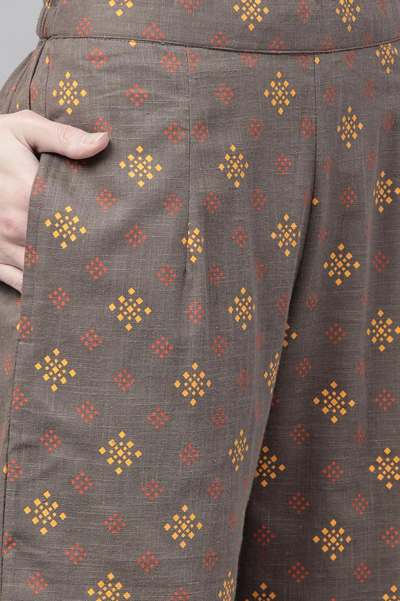 Taupe Cotton Abstract Print Kurta Set | SHOBITAM