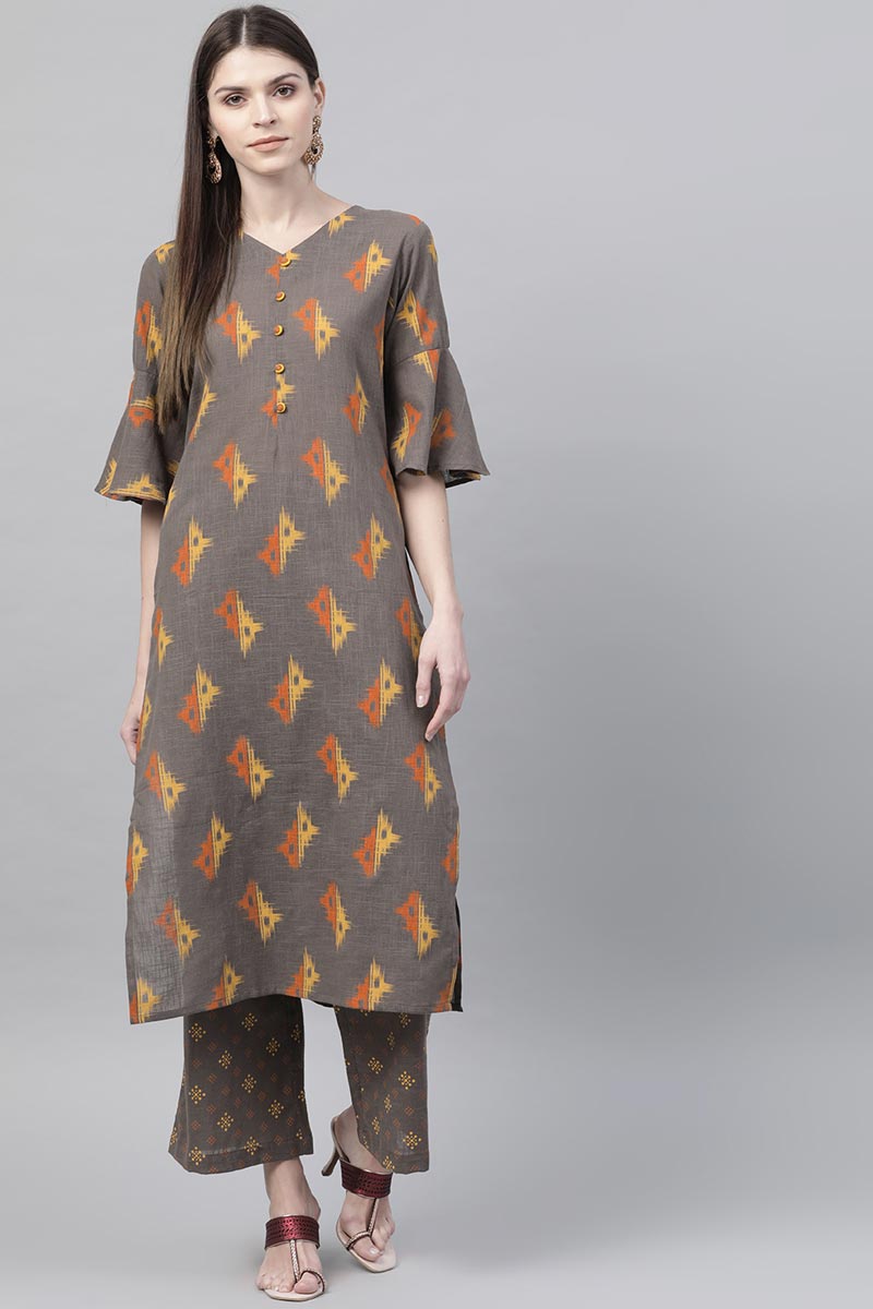 Taupe Cotton Abstract Print Kurta Set | SHOBITAM