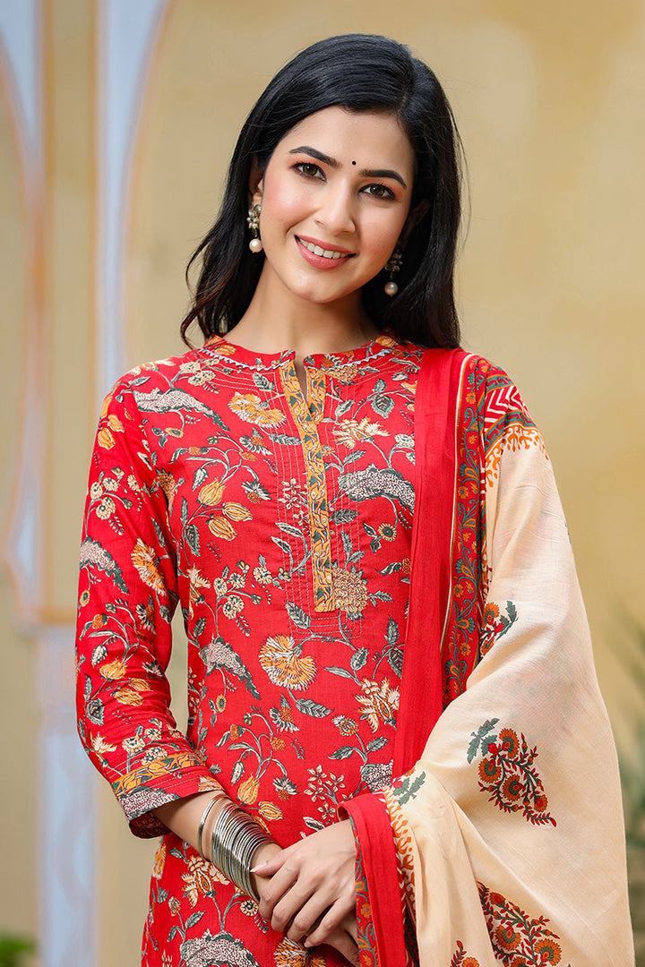 Red Color Cotton Fabric Printed Fancy Kurta And Palazzo Dupatta Set | SHOBITAM