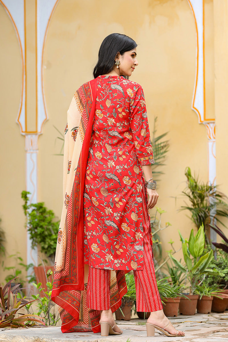 Red Color Cotton Fabric Printed Fancy Kurta And Palazzo Dupatta Set | SHOBITAM