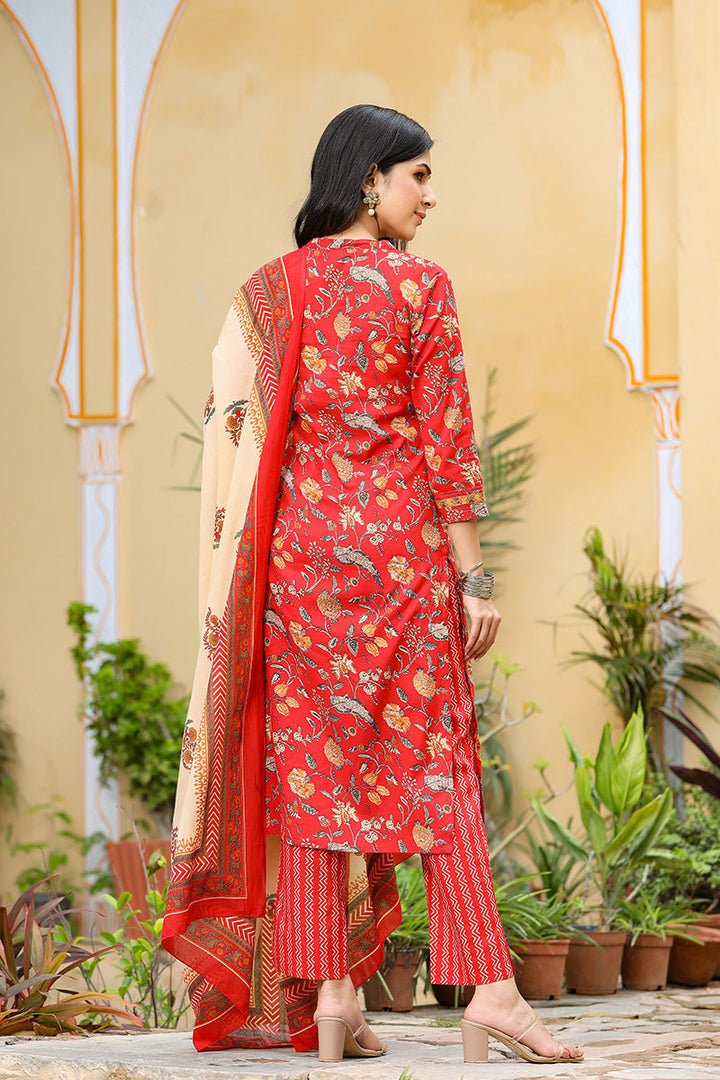 Red Color Cotton Fabric Printed Fancy Kurta And Palazzo Dupatta Set | SHOBITAM
