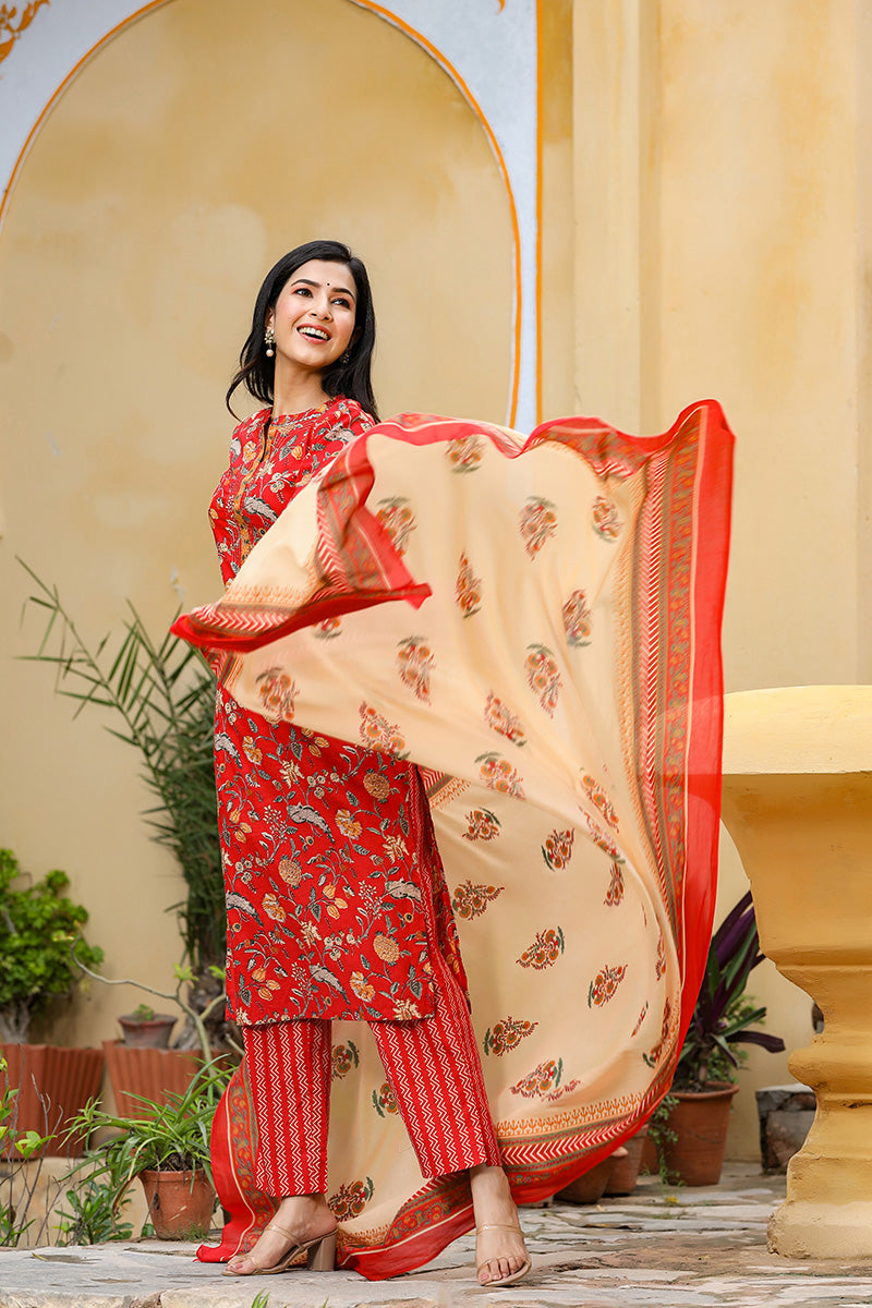 Red Color Cotton Fabric Printed Fancy Kurta And Palazzo Dupatta Set | SHOBITAM