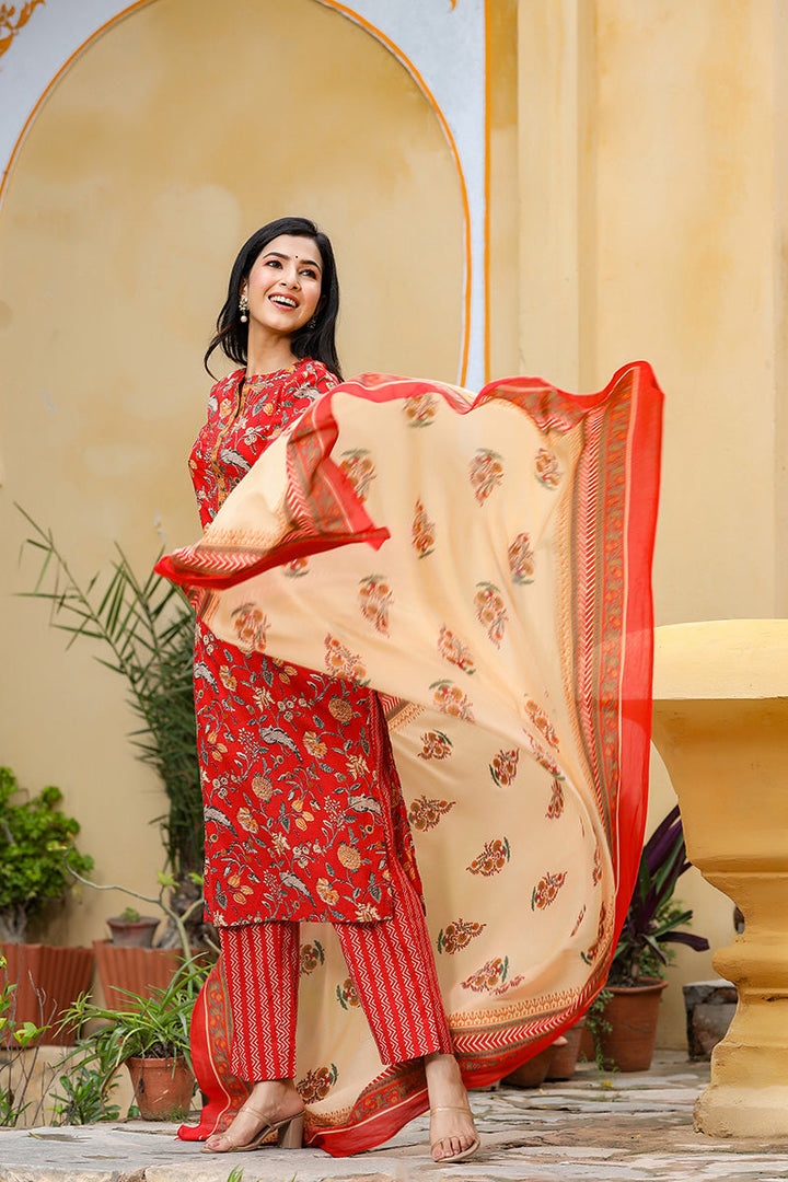 Red Color Cotton Fabric Printed Fancy Kurta And Palazzo Dupatta Set | SHOBITAM