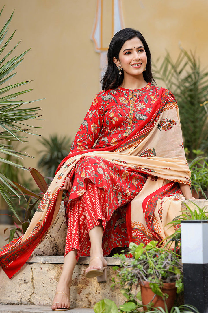 Red Color Cotton Fabric Printed Fancy Kurta And Palazzo Dupatta Set | SHOBITAM