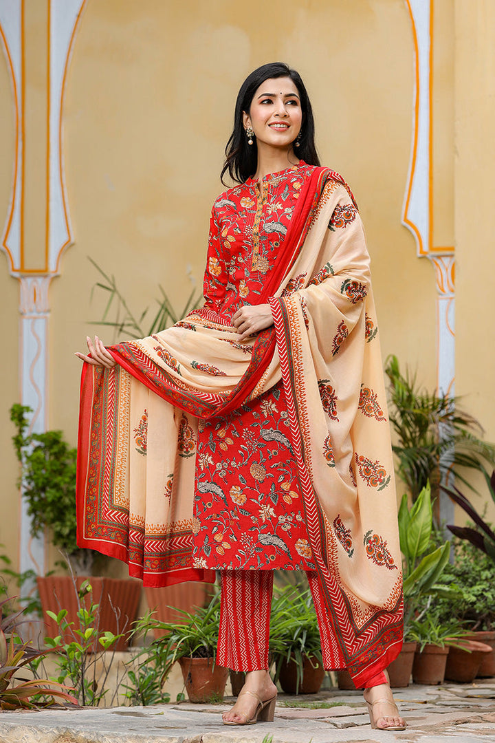 Red Color Cotton Fabric Printed Fancy Kurta And Palazzo Dupatta Set | SHOBITAM