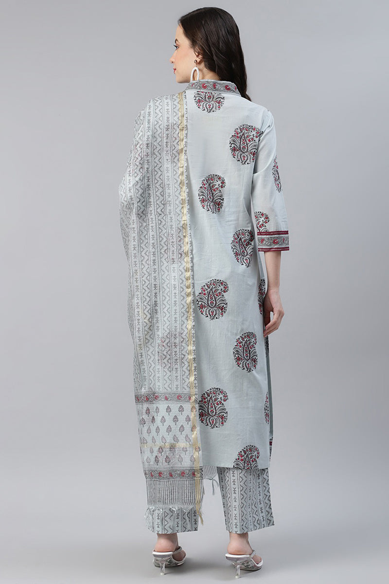 Cotton Grey Paisley Printed Straight Kurta Palazzo Dupatta Set | SHOBITAM