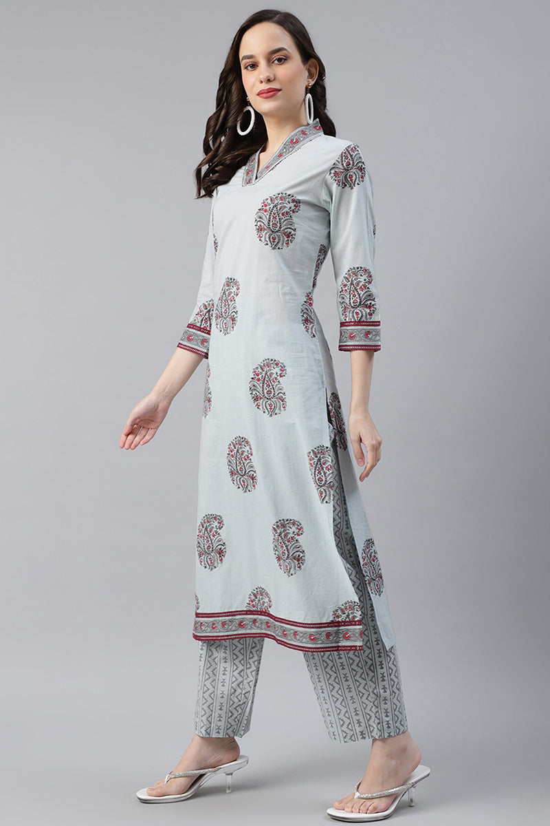 Cotton Grey Paisley Printed Straight Kurta Palazzo Dupatta Set | SHOBITAM