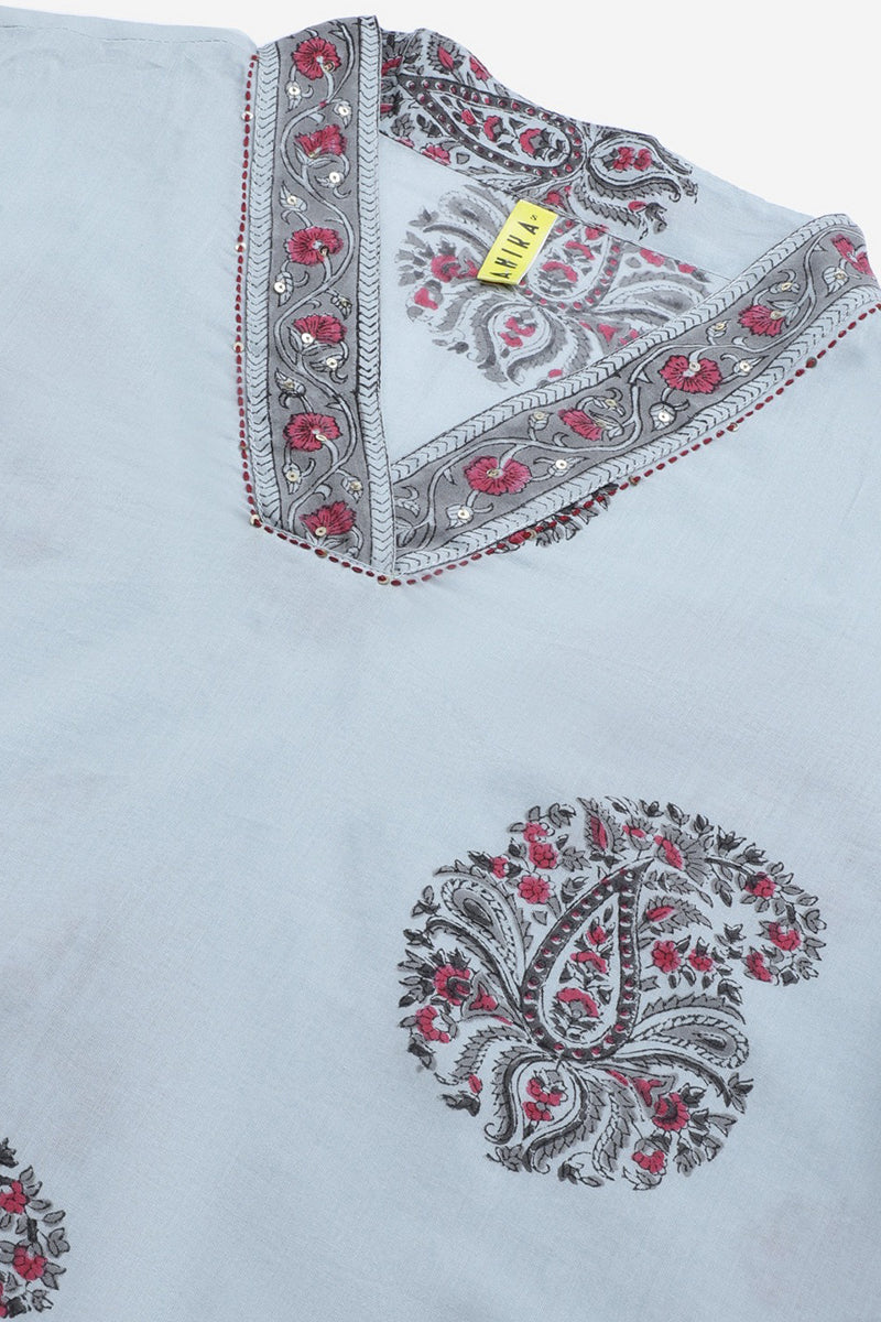 Cotton Grey Paisley Printed Straight Kurta Palazzo Dupatta Set | SHOBITAM
